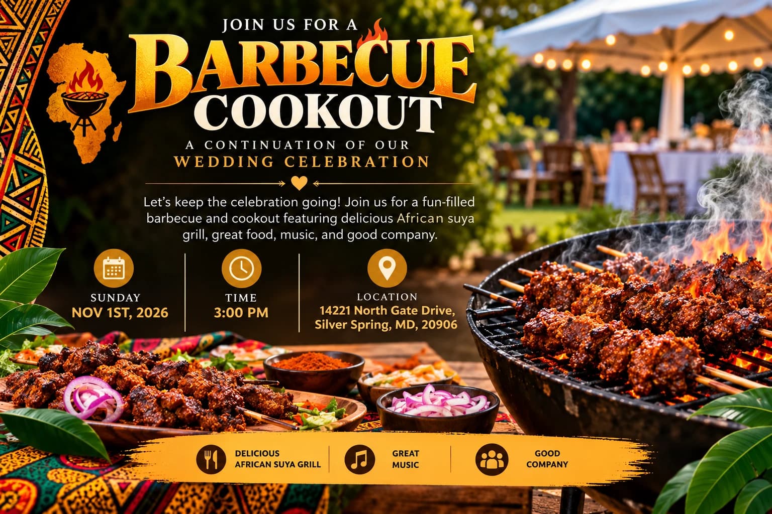 Barbecue cookout invitation: a continuation of the wedding celebration, Sunday, November 1, 2026 at 3:00 PM, featuring African suya grill, great music and good company